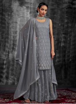 Customary Grey Georgette Trendy Salwar Kameez