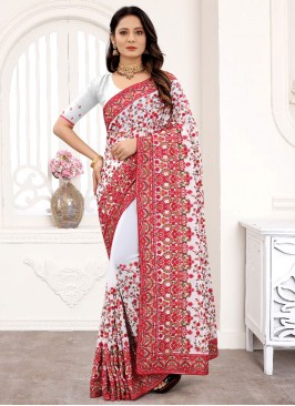 Customary Off White Faux Georgette Designer Saree