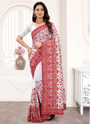 Customary Off White Faux Georgette Designer Saree