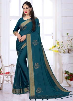 Customary Satin Silk Teal Swarovski Designer Saree