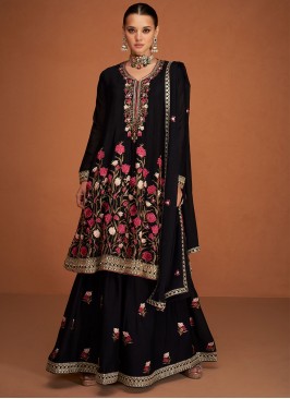 Cute Black Buttons Silk Palazzo Salwar Suit