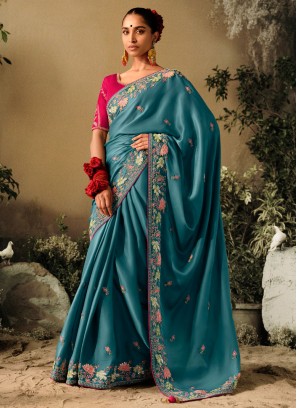 Cute Embroidered Teal Silk Trendy Saree