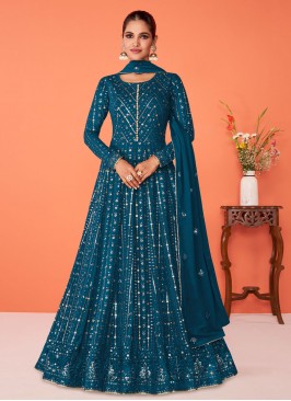Cute Georgette Embroidered Navy Blue Readymade Anarkali Salwar Suit
