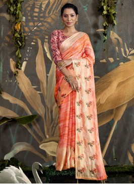 Cute Peach Embroidered Foil Classic Saree