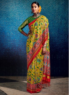 Cute Printed Yellow pure-dola Trendy Saree