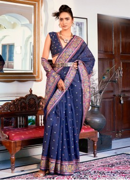 Cute Satin Silk Zari Navy Blue Trendy Saree