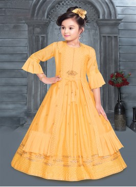 Cute Yellow Color Fancy Fabric Girls Gown