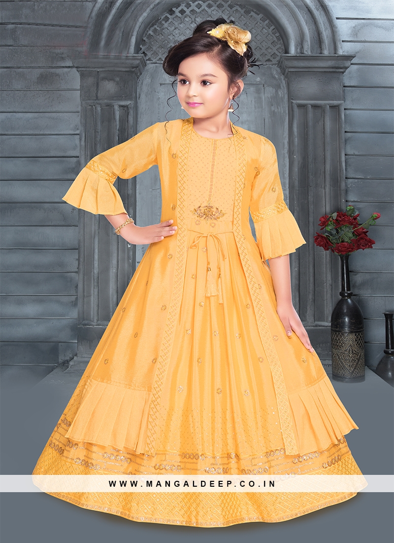 Cute Yellow Color Fancy Fabric Girls Gown