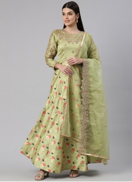 Dainty Banarasi Jacquard Embroidered Green Designer Gown