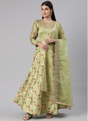 Dainty Banarasi Jacquard Embroidered Green Designer Gown