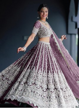 Dainty Net Purple Embroidered A Line Lehenga Choli