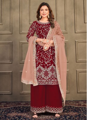 Dainty Resham Maroon Velvet Salwar Kameez