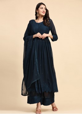 Dainty Thread Work Faux Georgette Blue Palazzo Salwar Suit