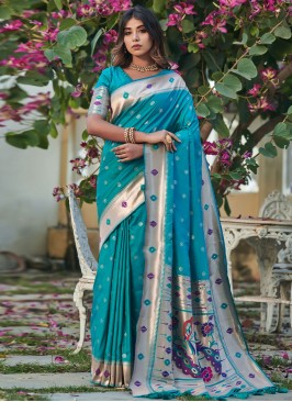 Dainty Turquoise Banarasi Silk Trendy Saree