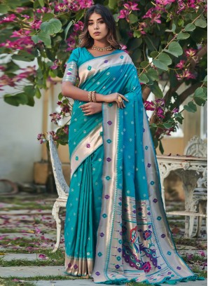 Dainty Turquoise Banarasi Silk Trendy Saree