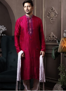 Dark Purple Silk Kurta Pajama with Off-White PolyS