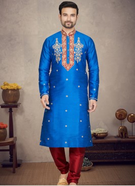 Blue Art silk Kurta with Marron Churidar Bottoms.