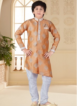 Peach Jacquard Indo Western Suit for Boys.