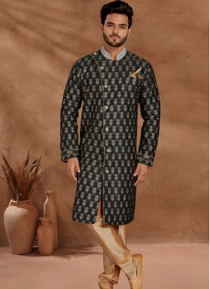 Dark Green and Chikoo Set with Jaqard Top and Art Silk Trousers Semi Sherwani.