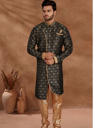 Dark Green and Chikoo Set with Jaqard Top and Art Silk Trousers Semi Sherwani.