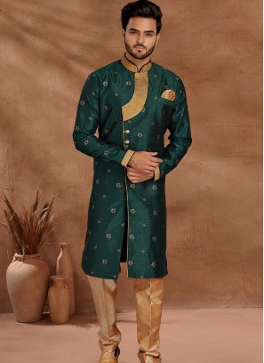 Dark Green and Chikoo Set with Jaqard Top and Art Silk Trousers Semi Sherwani.
