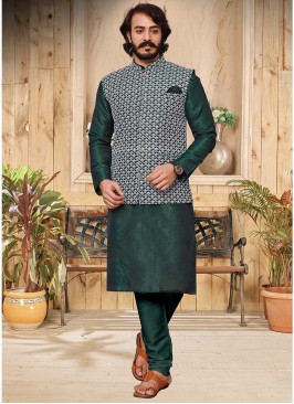 Dark Green Color Mens Kurta Jacket