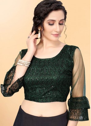 Dark Green Color Net Sequins Embroidered Blouse