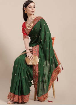 Dark Green Color Silk Saree With Designer Blouse