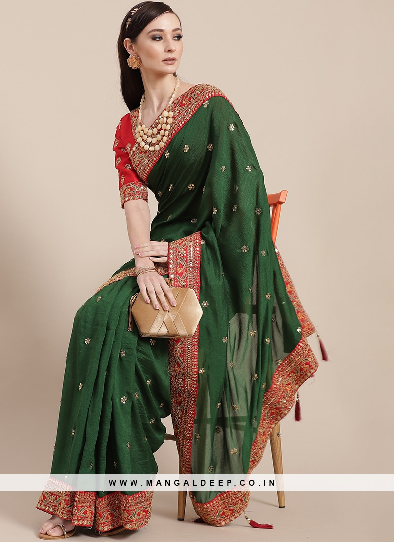 Dark Green Color Silk Saree With Designer Blouse