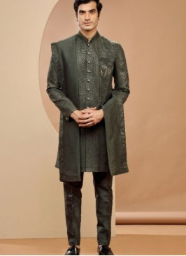 Dark Green Silk Indowestern Suit With Dupatta
