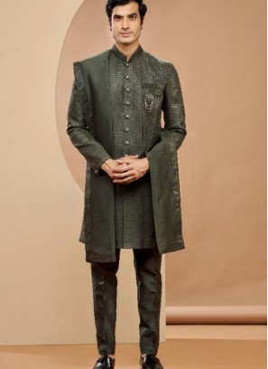 Dark Green Silk Indowestern Suit With Dupatta