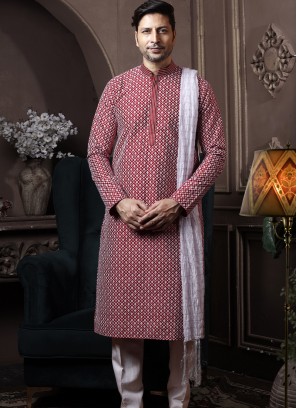 Marron Silk Kurta Pajama with Off-White ArtSilk Trouser.