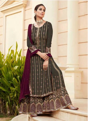 Dark Grey Color Embroidered Sharara Suit