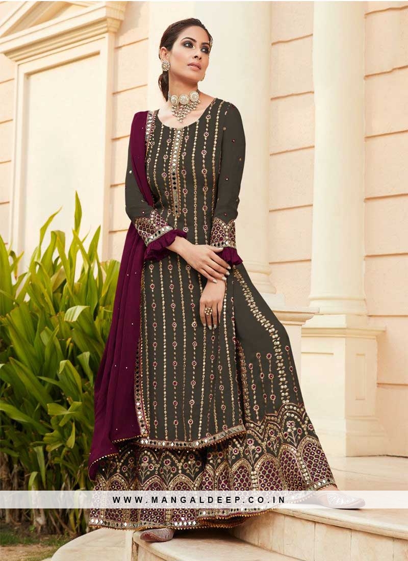 Dark Grey Color Embroidered Sharara Suit