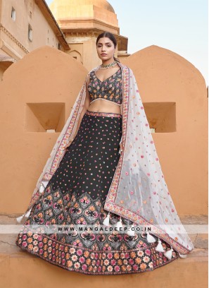 Dark Grey Georgette Lehenga with Embroidery and Handwork and Silk Blouse