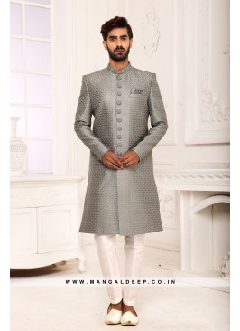 Dark Grey Navabi Indo Western Embroidered Art Banarasi Silk Sherwani with Art Silk Aligadhi Bottom.