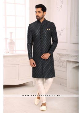 Dark Grey Navabi Indo Western Embroidered Art Banarasi Silk Sherwani with Art Silk Aligadhi Bottom.