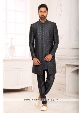 Dark Grey Navabi Indo Western Embroidered Georgett