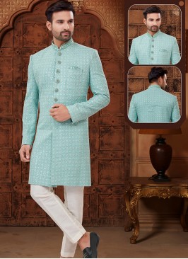 Sea Green and Off White Georgette Indo-Western Ensemble with tikki work.