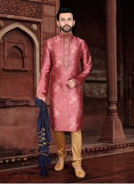 Dark Pink Color Jacquard Mens Kurta Pajama