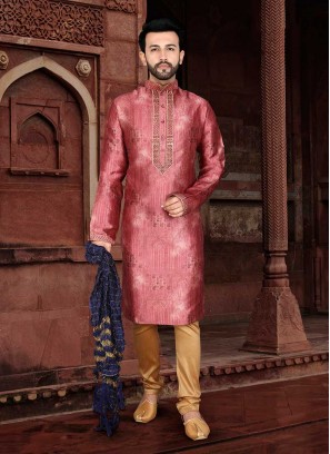 Dark Pink Color Jacquard Mens Kurta Pajama
