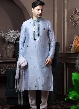 Sky Blue Silk Kurta Pajama with Off-White PolySilk