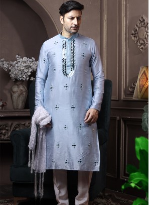 Sky Blue Silk Kurta Pajama with Off-White PolySilk Trouser.