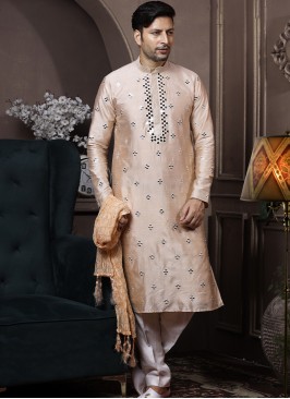 Light Gold Silk Kurta Pajama with Off-White PolySilk Trouser.