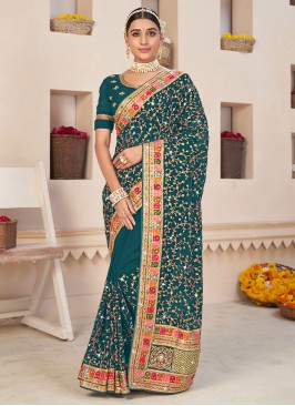 Dashing Embroidered Faux Georgette Teal Classic Saree