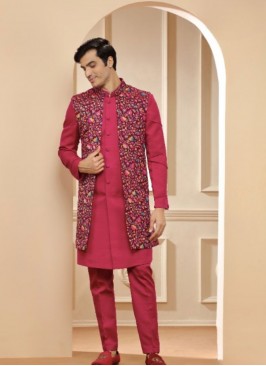 Dashing Magenta Raw Silk Indowestern Suit