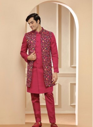 Dashing Magenta Raw Silk Indowestern Suit