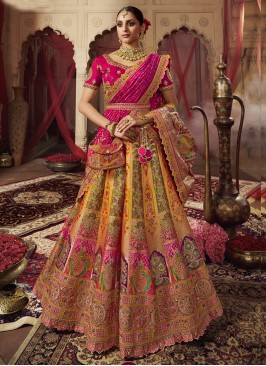 Dashing Multi Colour Embroidered Banarasi Silk Designer Lehenga Choli