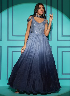 Dashing Navy Blue Sequins Chinon Trendy Gown