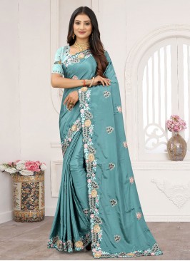 Dazzling Blue Resham Crepe Silk Traditional Saree